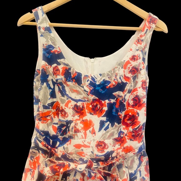 Dress Floral Size 10 Fit Flare Belted Blue Red White Flowers Zip Tulle Lined - Picture 11 of 13